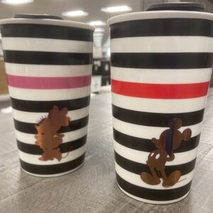 Disney Black and White Striped Travel Mugs with Red and Pink Accents